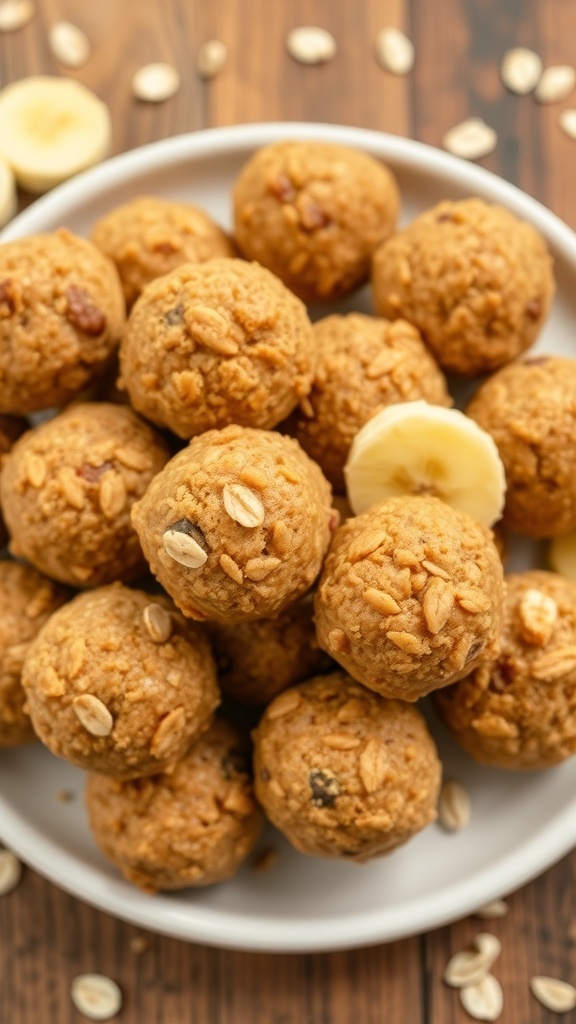 Banana Bread Energy Bites Recipe A plate of banana bread energy bites on a wooden table, surrounded by oats and banana slices.